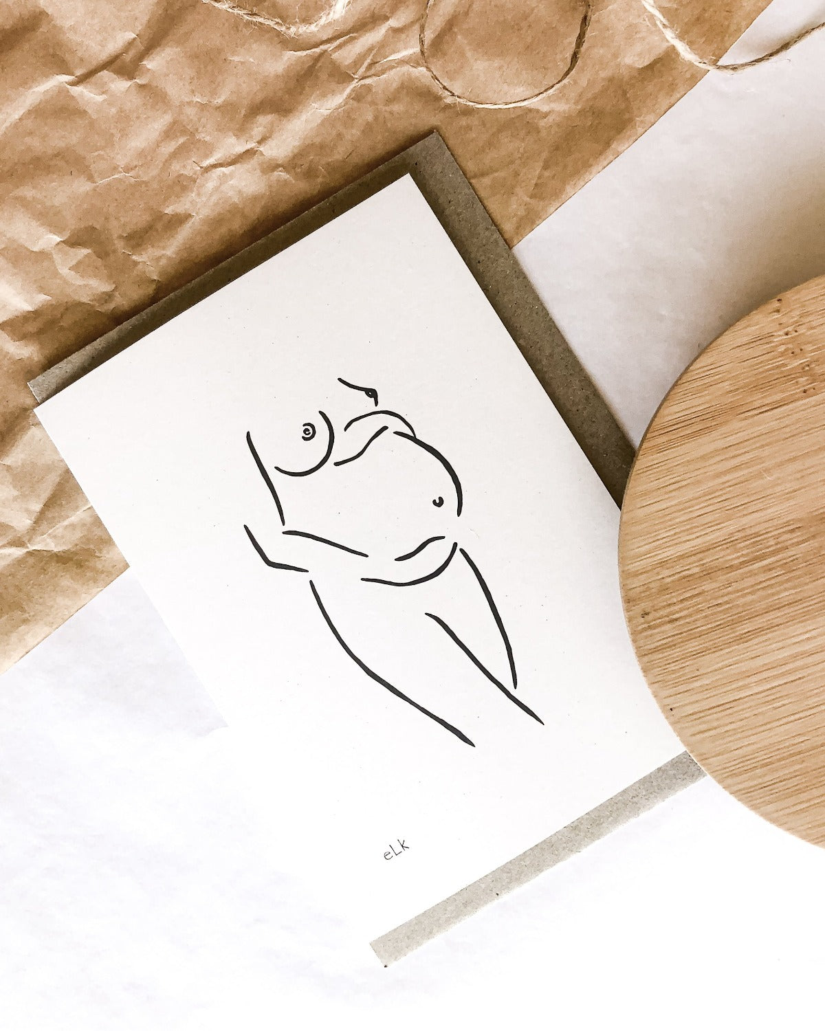 100% post consumer recycled waste greeting card with nude art by elk draws on the front of a pregnant woman expecting a bub