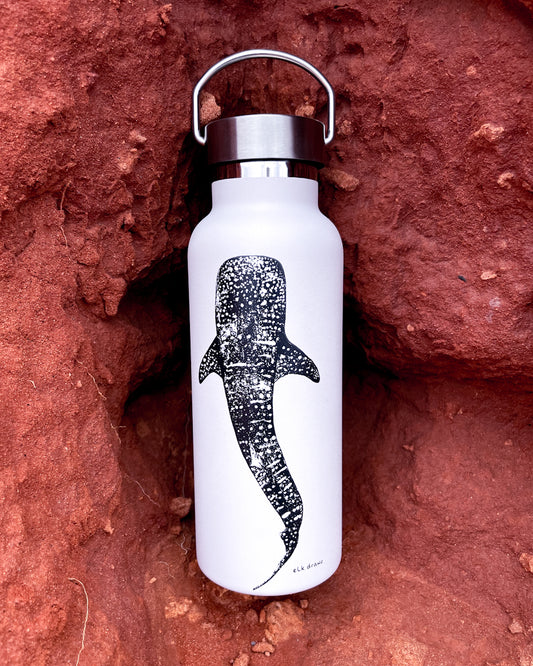 Whaleshark artwork by elk draws on white insulated drink bottle