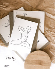 Load image into Gallery viewer, Nude line art by elk draws of a woman at home in her body greeting card 100% post consumer recycled paper