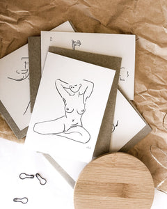 Nude line art by elk draws of a woman at home in her body greeting card 100% post consumer recycled paper