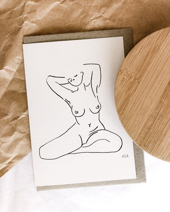 Nude line art by elk draws of a woman at home in her body greeting card 100% post consumer recycled paper
