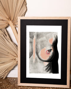 nude female torso drawing with butterfly on nipple by elk draws based on Kim Akrich