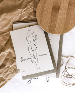 Nude line art drawing by elk draws of woman drinking coffee on 100% recycled paper greeting card