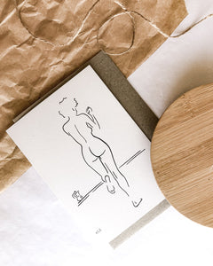 Nude line art drawing by elk draws of woman drinking coffee on 100% recycled paper greeting card