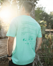 Load image into Gallery viewer, Troopy camping surfing design tshirt elk draws organic cotton spear mint