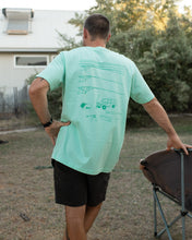 Load image into Gallery viewer, Troopy camping surfing design tshirt elk draws organic cotton spear mint