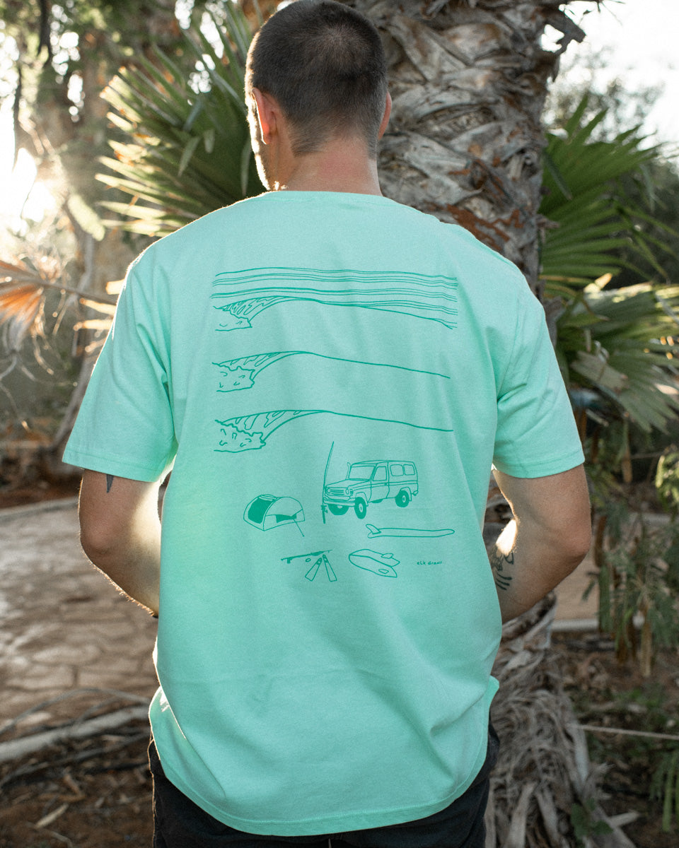 Troopy camping surfing design tshirt elk draws organic cotton spear mint