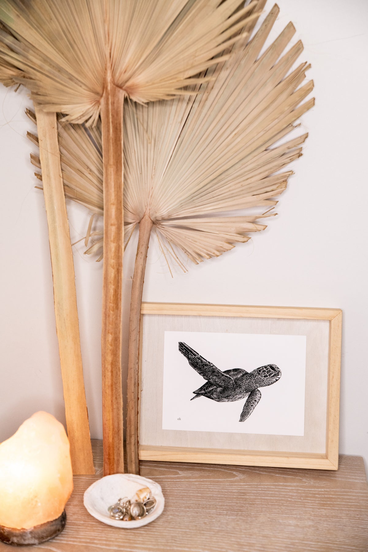 green sea turtle print on modern bed side table