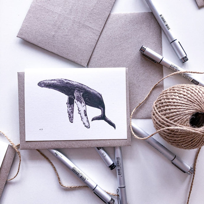 Hand drawn humpback whale greeting card on recycled paper by elk draws