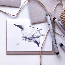 Load image into Gallery viewer, Hand drawn black and white manta ray blank greeting card by elk draws