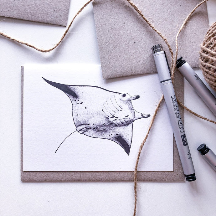 Hand drawn black and white manta ray blank greeting card by elk draws