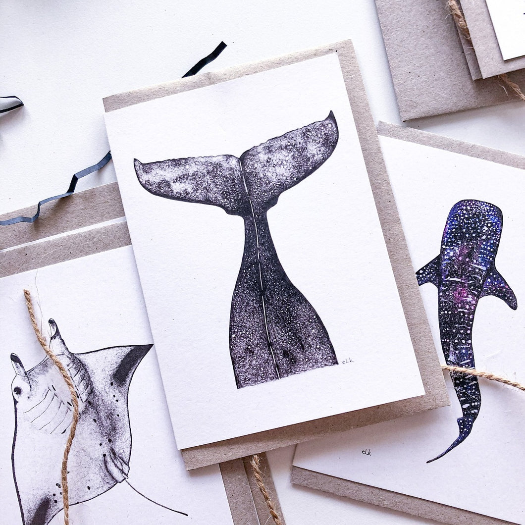 Hand drawn portrait whale tail blank greeting card by elk draws