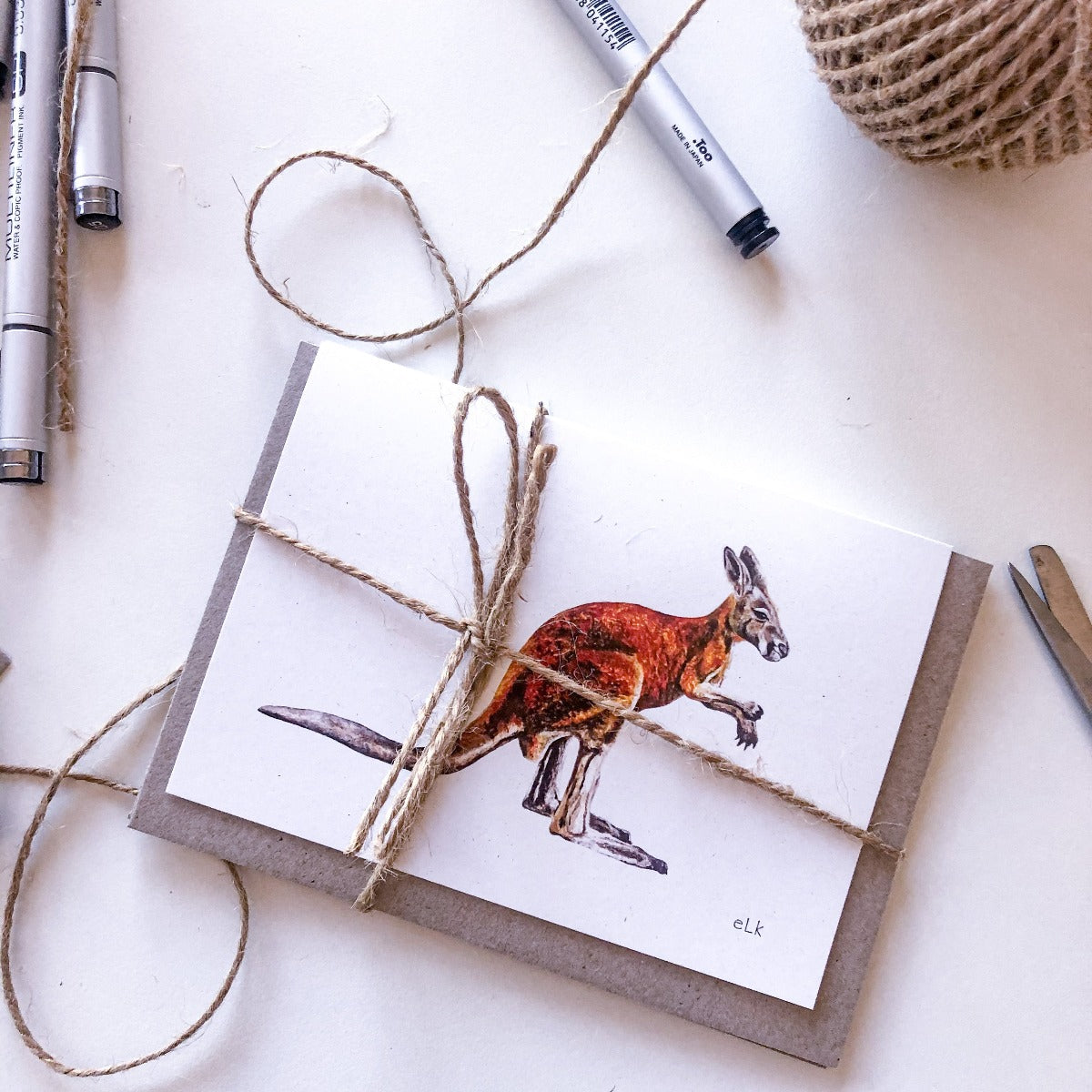 Hand drawn kangaroo greeting card on recycled paper elk draws