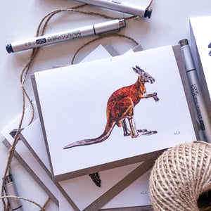 Hand drawn kangaroo greeting card on recycled paper elk draws