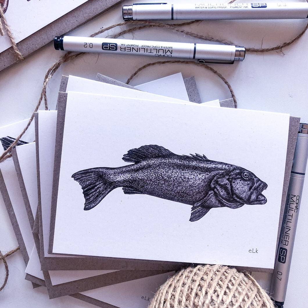 hand drawn black and white coral trout greeting card by elk draws