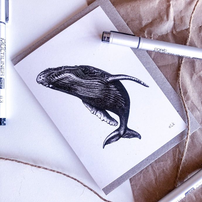Hand drawn black and white spyhop whale greeting card by elk draws