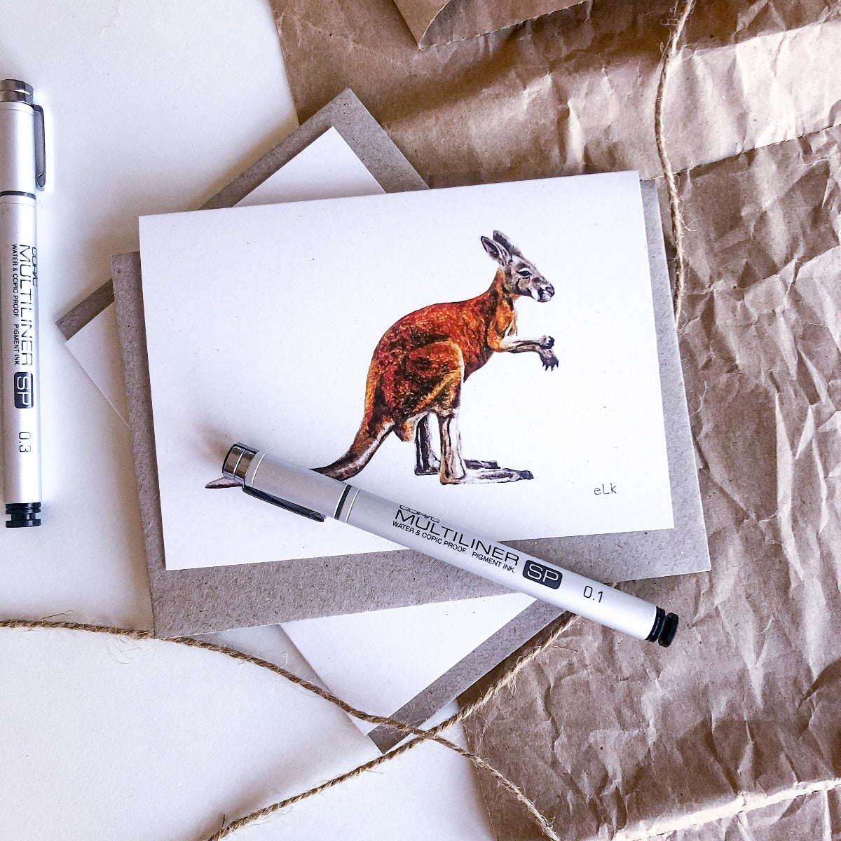 Hand drawn kangaroo greeting card on recycled paper elk draws