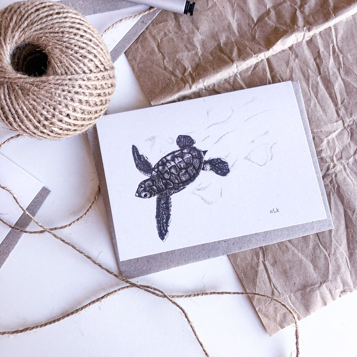 Hand drawn black and white turtle hatchling greeting card by elk draws