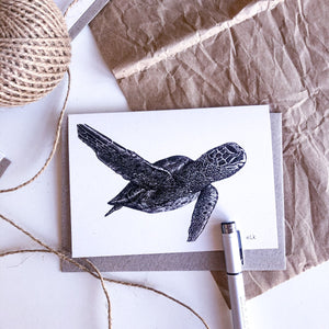 hand drawn black and white green turtle greeting card