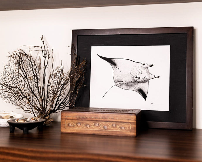 Manta ray print with jewellery box and dried coral and shells