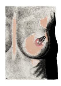 nude female torso drawing with butterfly on nipple by elk draws based on Kim Akrich