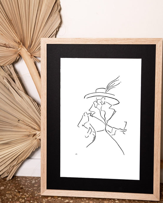 line drawing of lady in oak frame modern home