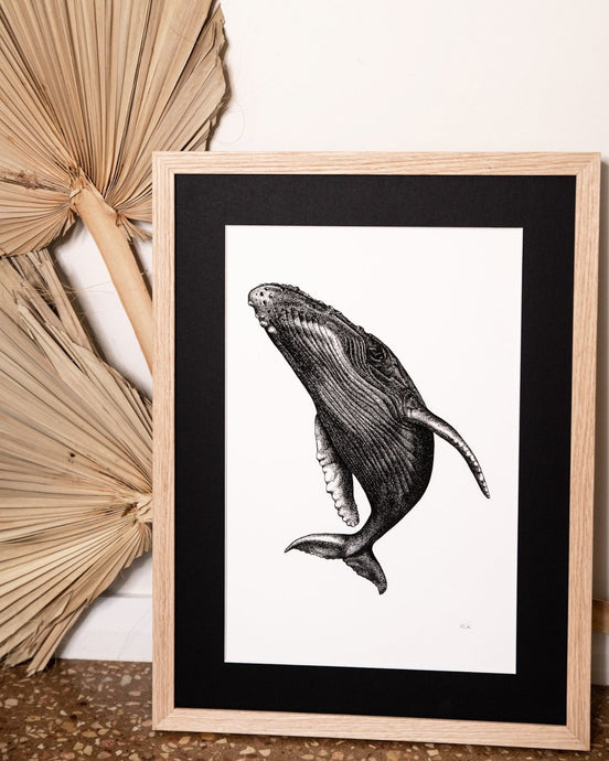 Spyhop whale print styled with dried palms in modern palms