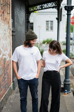 Load image into Gallery viewer, man and women in organic cotton white tshirts by elk draws