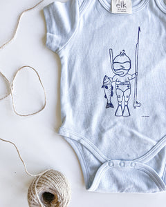 Baby blue organic cotton onesie with baby spearo on it.