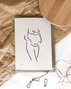 100% post consumer recycled waste greeting card with nude art by elk draws on the front of a pregnant woman expecting a bub