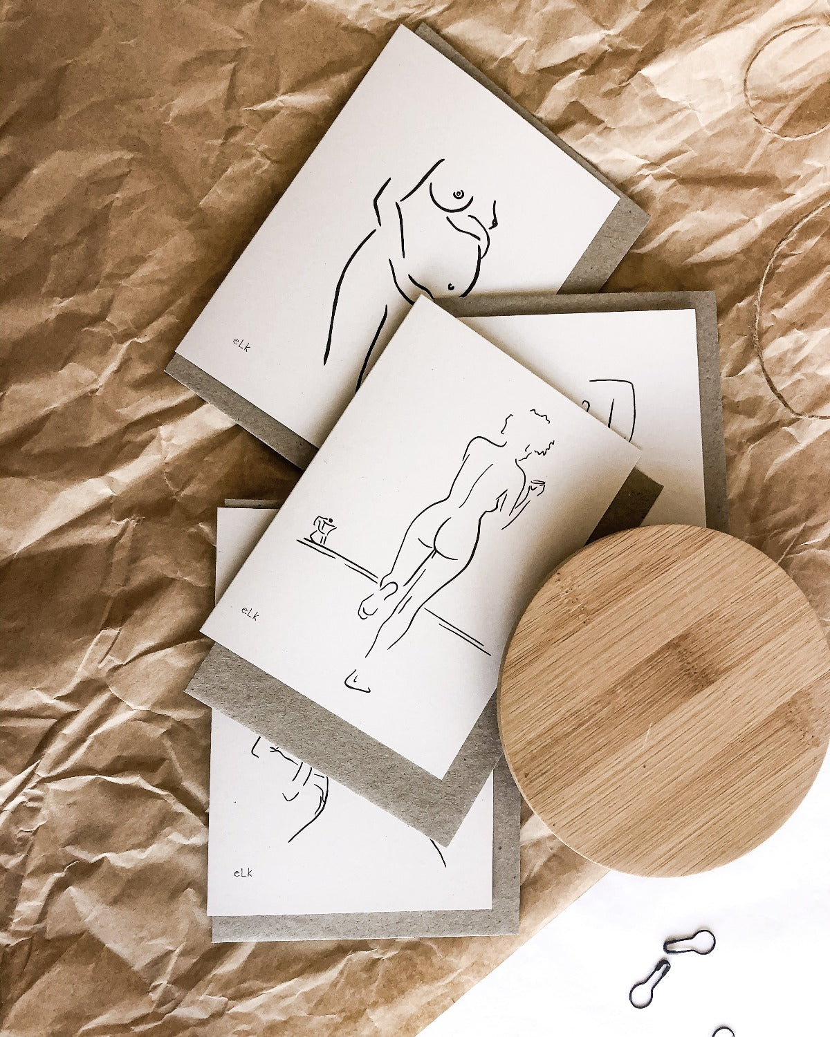 Nude line art drawing by elk draws of woman drinking coffee on 100% recycled paper greeting card