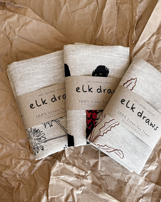 Bundle of three 100% linen tea towels elk draws sustainable