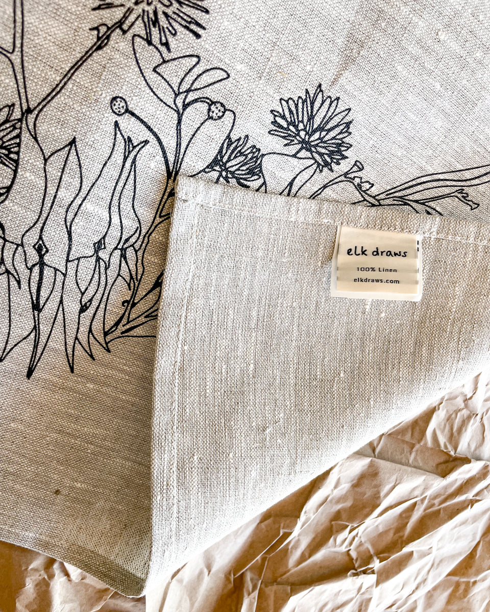 wildflower design by elk draws 100% linen tea towel kitchen sustainable gift