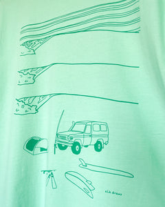 Troopy camping surfing design tshirt elk draws organic cotton spear mint