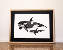 Load image into Gallery viewer, Orca and calf print by elk draws in modern home