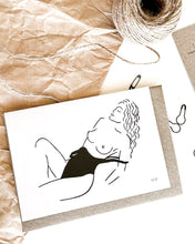 Load image into Gallery viewer, Line art of topless woman at beach in bathing suite on recycled eco friendly green greeting card.