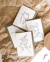 Load image into Gallery viewer, bundle of four recycled gift cards with elk draws nude line art