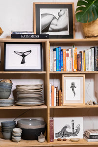 kitchen shelves with three elk draws prints